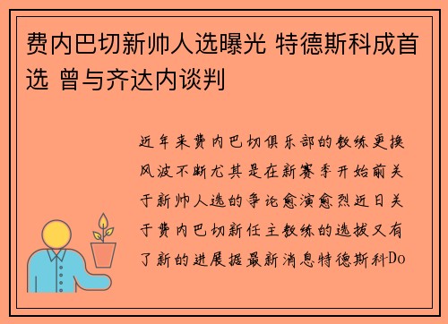 费内巴切新帅人选曝光 特德斯科成首选 曾与齐达内谈判